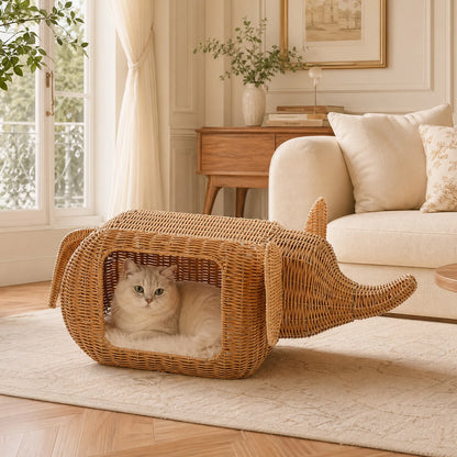 Handmade Elephant Rattan Cat Condo Bed – Plush Cushioned Wicker Hideaway, Heavy-Duty Indoor Shelter for Large Cats & Small Kittens