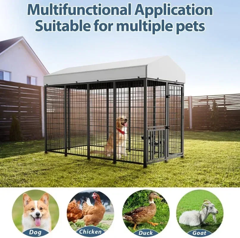 ROOMTEC Heavy Duty Outdoor Dog Kennel with Rotating Bowls, 8 x 4 x 5.6-ft