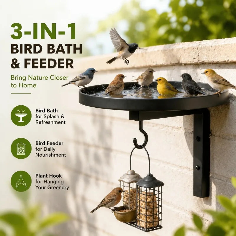 Hook Design Metal Wall Bathtub & Bird Feeder. Effortless Install Outdoor Courtyard Ornament. 
Weather Resistant Hanging Feeder