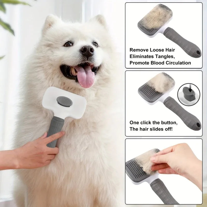 Dual-Use Dog Cat Grooming Brush. Self-Cleaning Slicker Comb with Round-Tip Bent Needles, Ergonomic Handle.