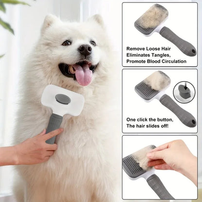 Dual-Use Dog Cat Grooming Brush. Self-Cleaning Slicker Comb with Round-Tip Bent Needles, Ergonomic Handle.