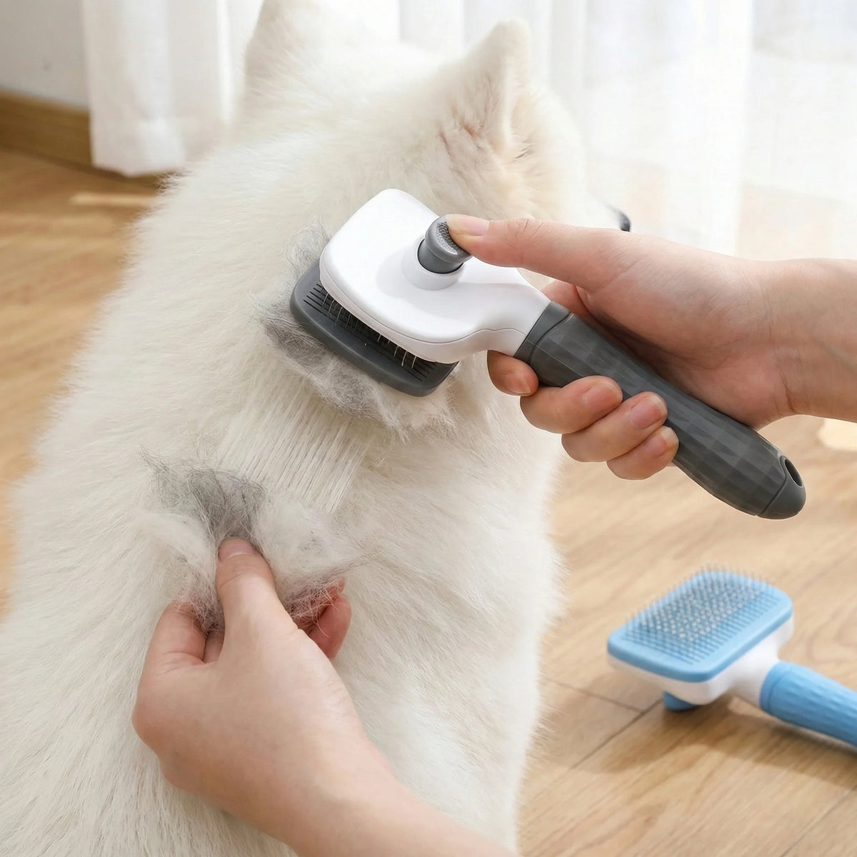 Dual-Use Dog Cat Grooming Brush. Self-Cleaning Slicker Comb with Round-Tip Bent Needles, Ergonomic Handle.