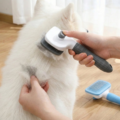 Dual-Use Dog Cat Grooming Brush. Self-Cleaning Slicker Comb with Round-Tip Bent Needles, Ergonomic Handle.