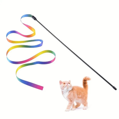 Interactive Cat Toys with Colorful Ribbon Strips. Kitten Playing Teaser Wand Toy.