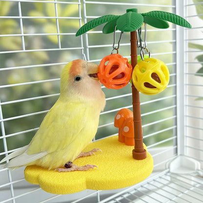 Tropical Bird Perch Platform Bell Ball Palm Tree. Interactive Toy Budgie Cockatiel Enrichment Boredom Relief Cage Accessory!