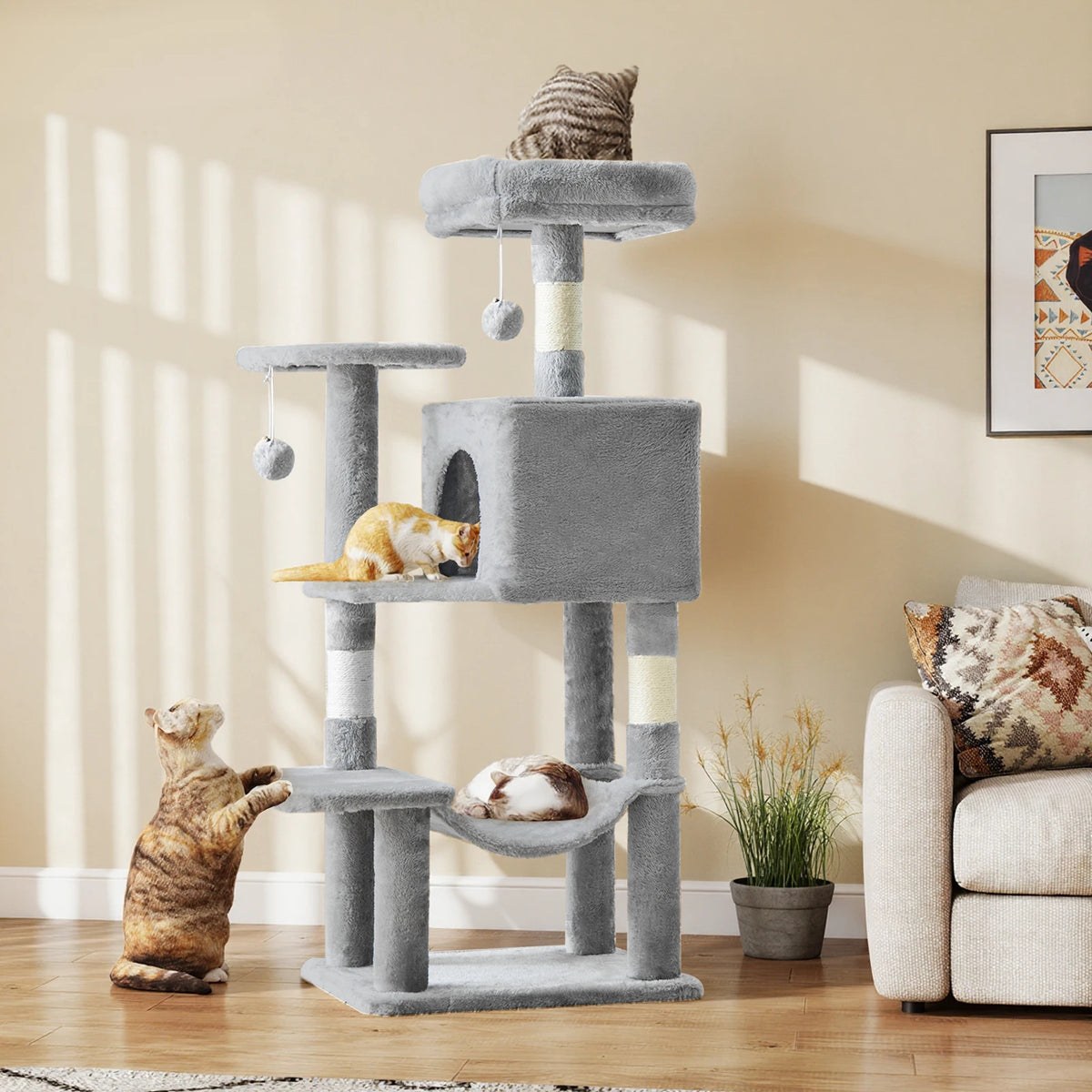 JJHK 44In Cat Tree Tall Multi-Cat Climbing Tower for Pets! Natural Sisal Scratching Posts Stable Pet House for Indoor Cats! - JanesWaggingWonders