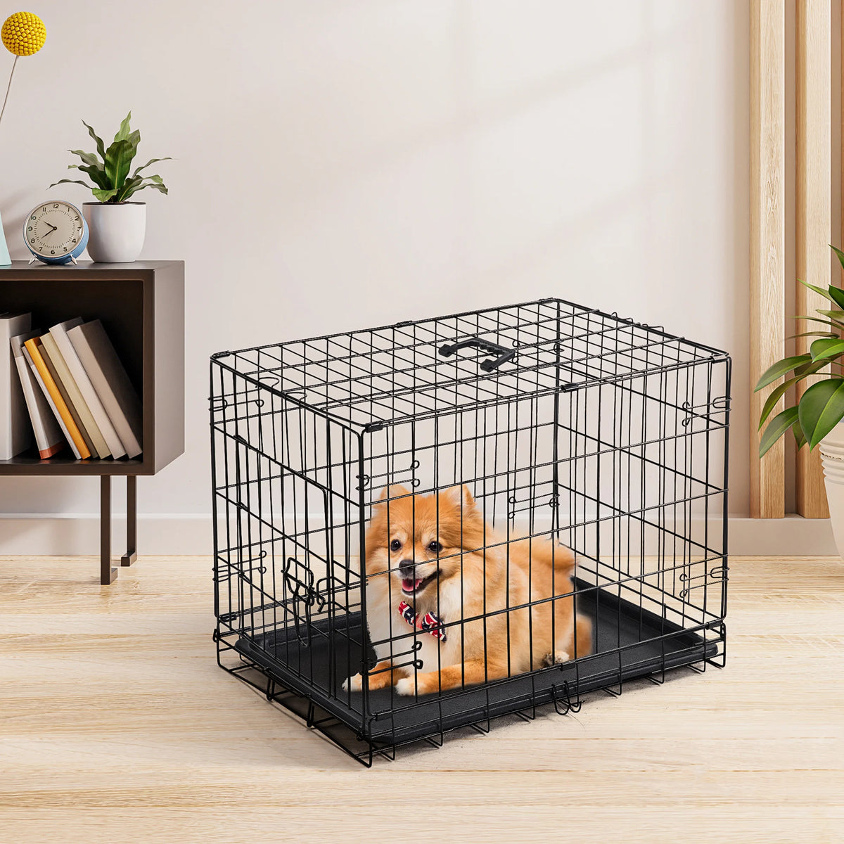 JHK Single Door 30 Inch Folding Metal Wire Dog Cage with Plastic Leak-Proof Pan.