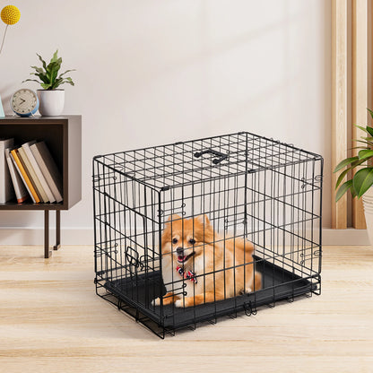 JHK Single Door 30 Inch Folding Metal Wire Dog Cage with Plastic Leak-Proof Pan.